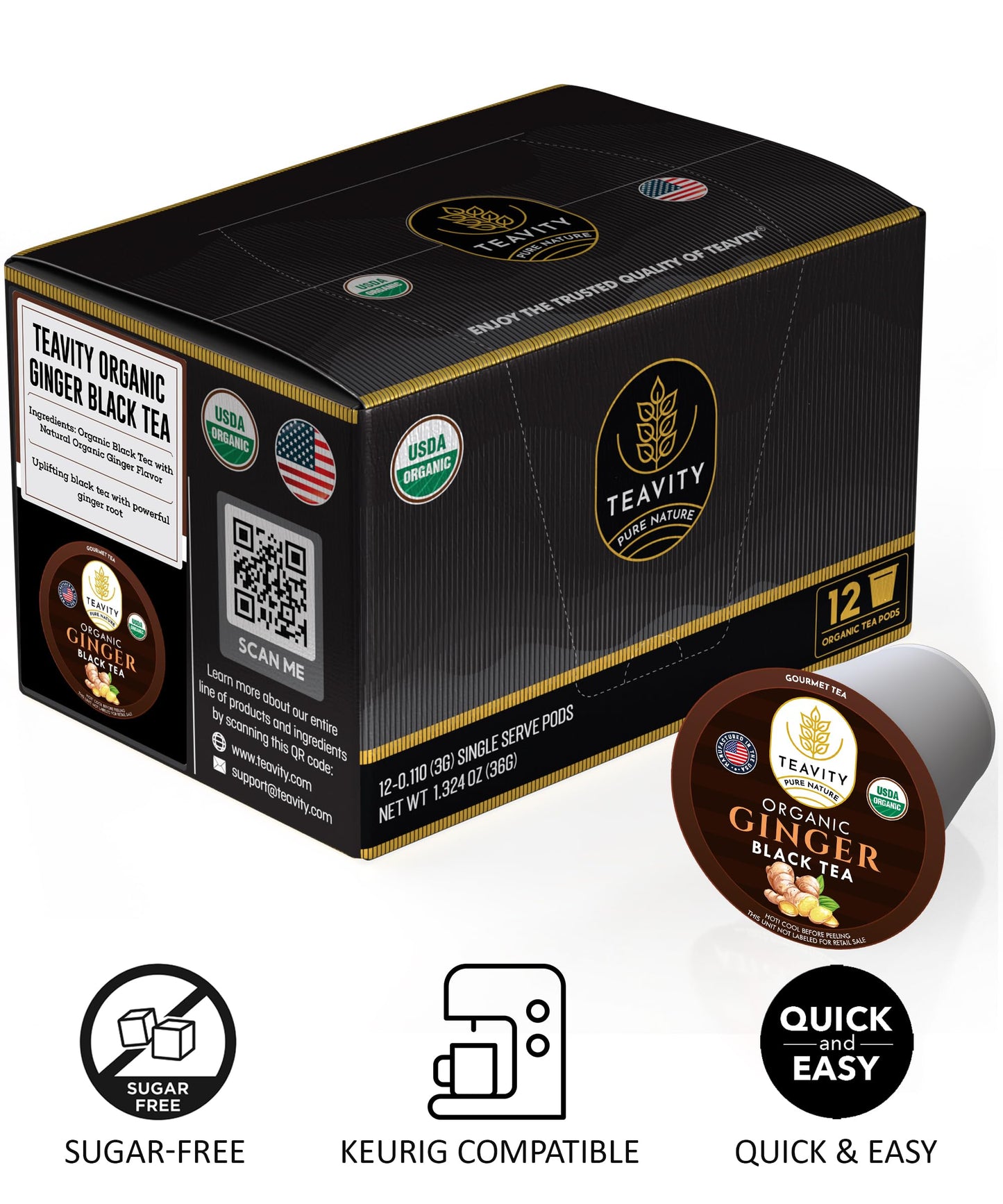 Organic Ginger Tea Pods For Keurig With Unsweet Black Tea For K Cup Brewing - Ginger Black Tea By Teavity (12 Tea Pods)