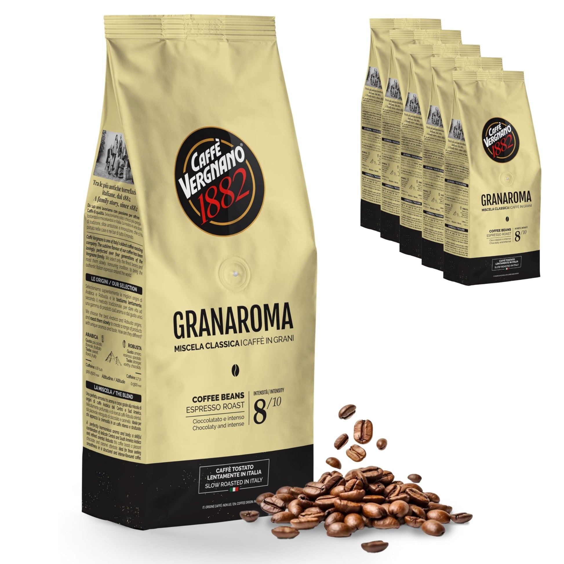 Caffe Vergnano 1882 Gran Aroma Whole Bean Arabica Medium Espresso Roast Coffee, 1.1lbs Bag - Italian Coffee Beans with Rich note