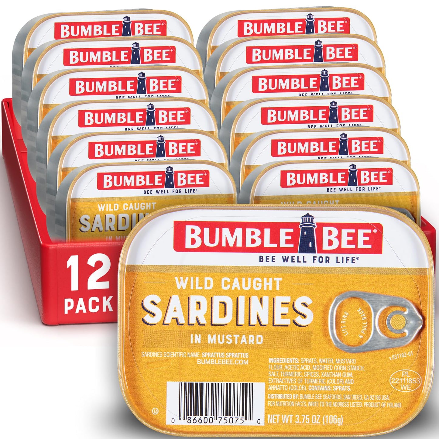 Bumble Bee Sardines in Mustard Sauce, 3.75 oz Tin (Pack of 12) - Wild Caught, Gluten Free, Keto, Kosher