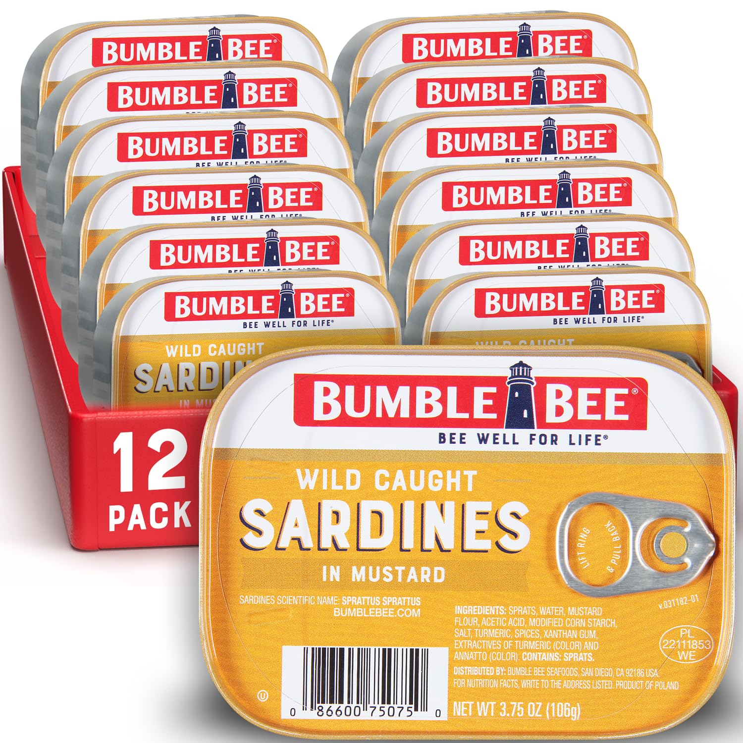 Bumble Bee Sardines in Mustard Sauce, 3.75 oz Tin (Pack of 12) - Wild Caught, Gluten Free, Keto, Kosher