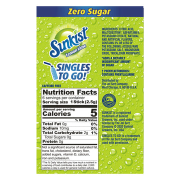 SINGLES TO GO! Drink Mix Lemon-Lime, Non-Carbonated, Low-Calorie, Zero Sugar, 6 Pack of 1 Ounce Sachets