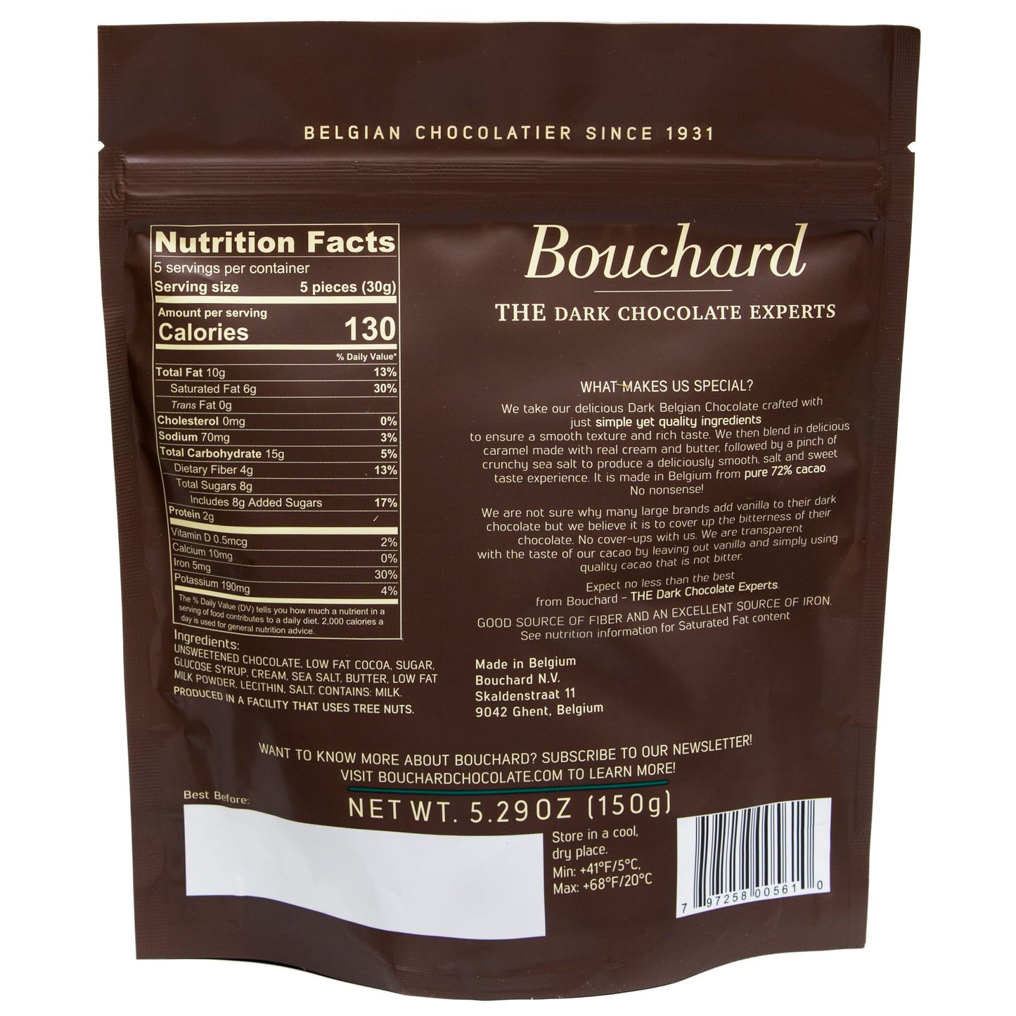 Bouchard Belgian Dark Chocolate With Caramel & Sea Salt (5.29 Oz / 150G)