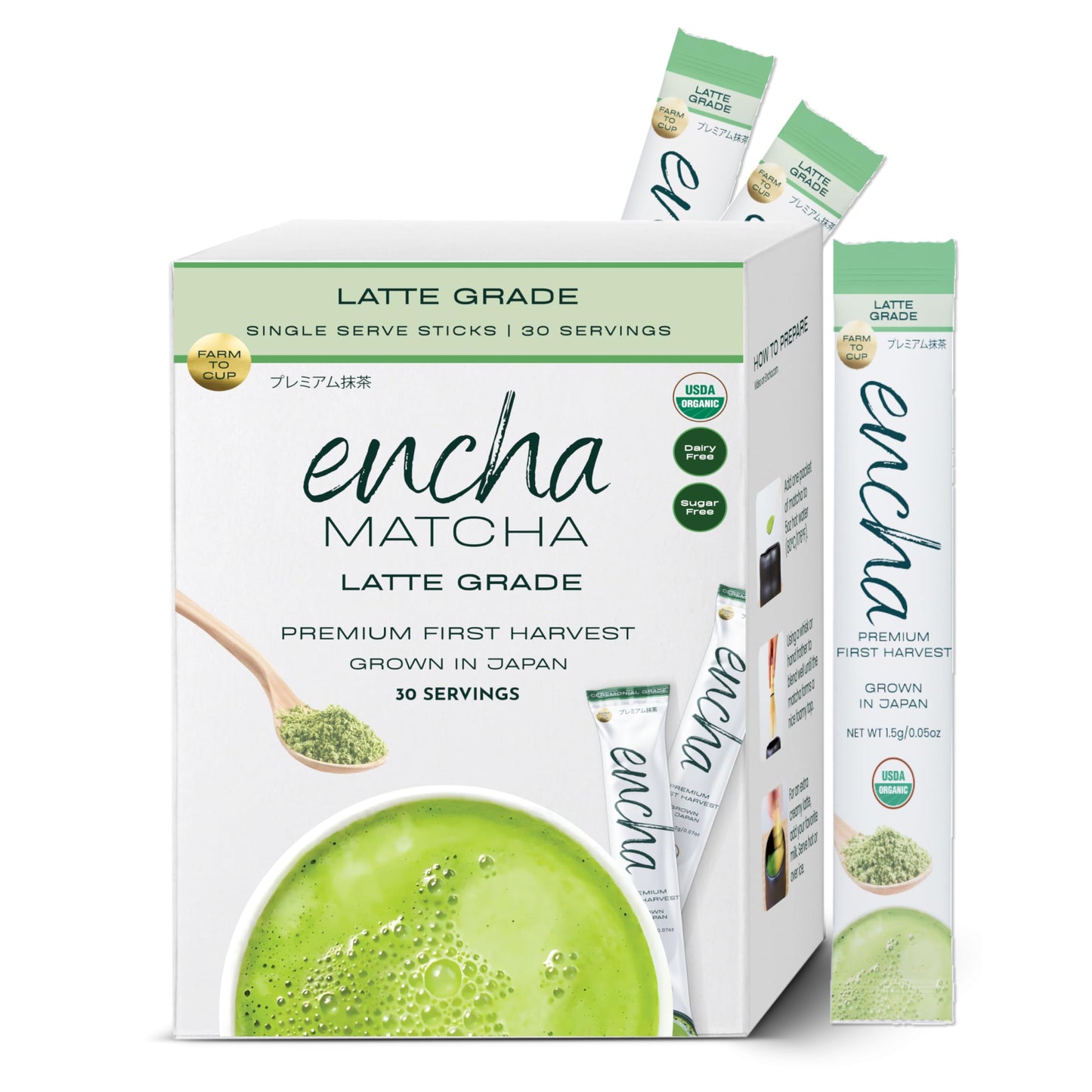 Encha Matcha - Single Serve Latte Grade Green Tea Powder - First Harvest Organic From Uji Japan Single Serving Size (30 Servings) Energy Blend L-Theanine No Added Sugar