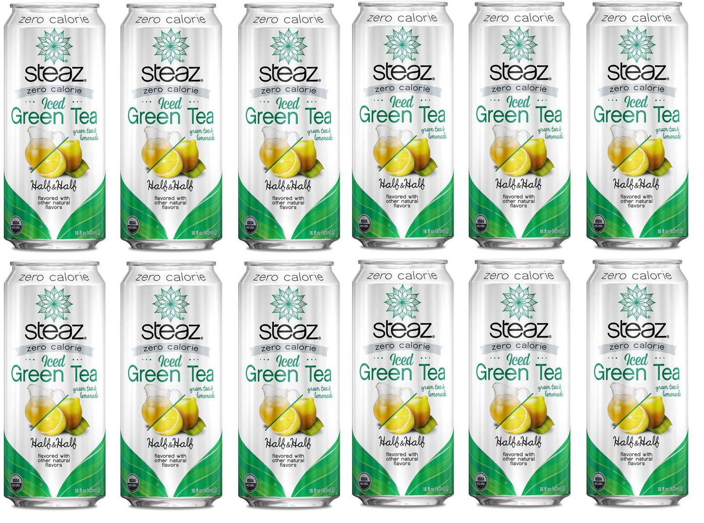 Steaz Organic Zero Calorie Half Iced Green Tea & Half Lemonade, 16 Oz (Pack Of 12)