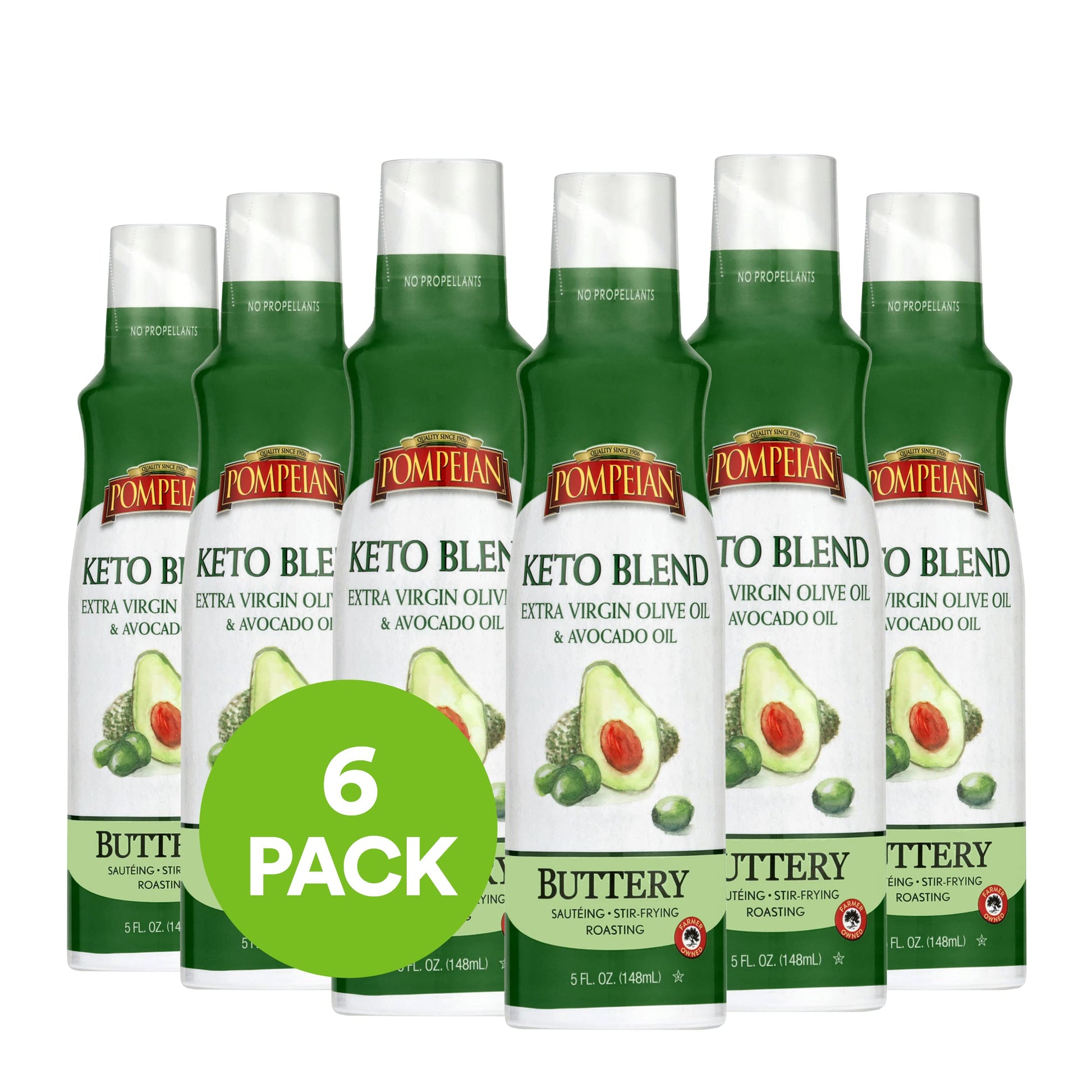 Pompeian Keto Extra Virgin Olive Oil & 100% Avocado Oil Cooking Spray, Great For Sauteing, Stir-Frying, & Roasting, Naturally Gluten-Free, Non-Allergenic, Non-Gmo, No Propellants, 5 Fl. Oz.(Pack Of 6)
