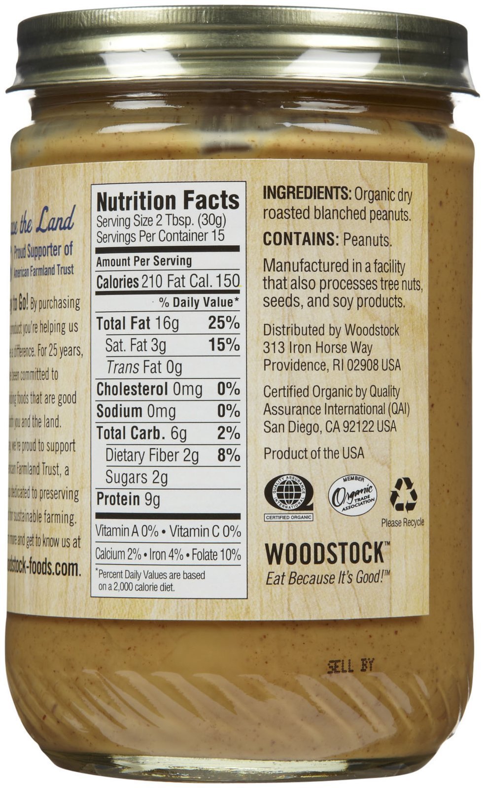 Woodstock Organic Smooth Peanut Butter, No Salt, 16 Oz