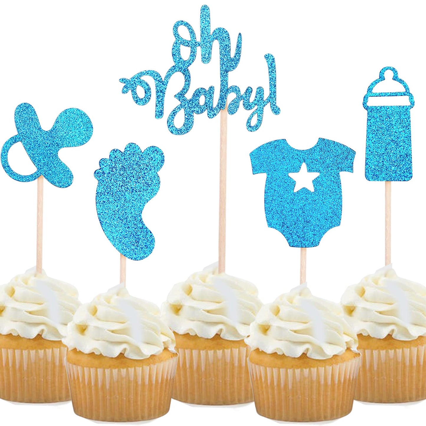 30-Pack Glitter Baby Shower Cupcake Toppers Cake Topper Blue Oh Baby Onesie Bottle Foot Print Nipple Cupcake Toppers Cake Topper For ItS A Boy Baby Shower Party Decoration Supplies (Blue)
