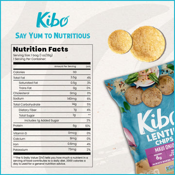Kibo Maui Onion Flavor Gluten Free Non Gmo Plant Based Lentil Chips 28 Grams, 12 Pack