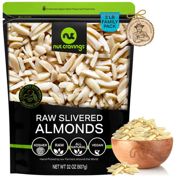 Nut Cravings - Raw Slivered Almonds, Unsalted, (32Oz - 2 Lb) Packed Fresh In Resealable Bag - Nut Snack - Healthy Protein Food,