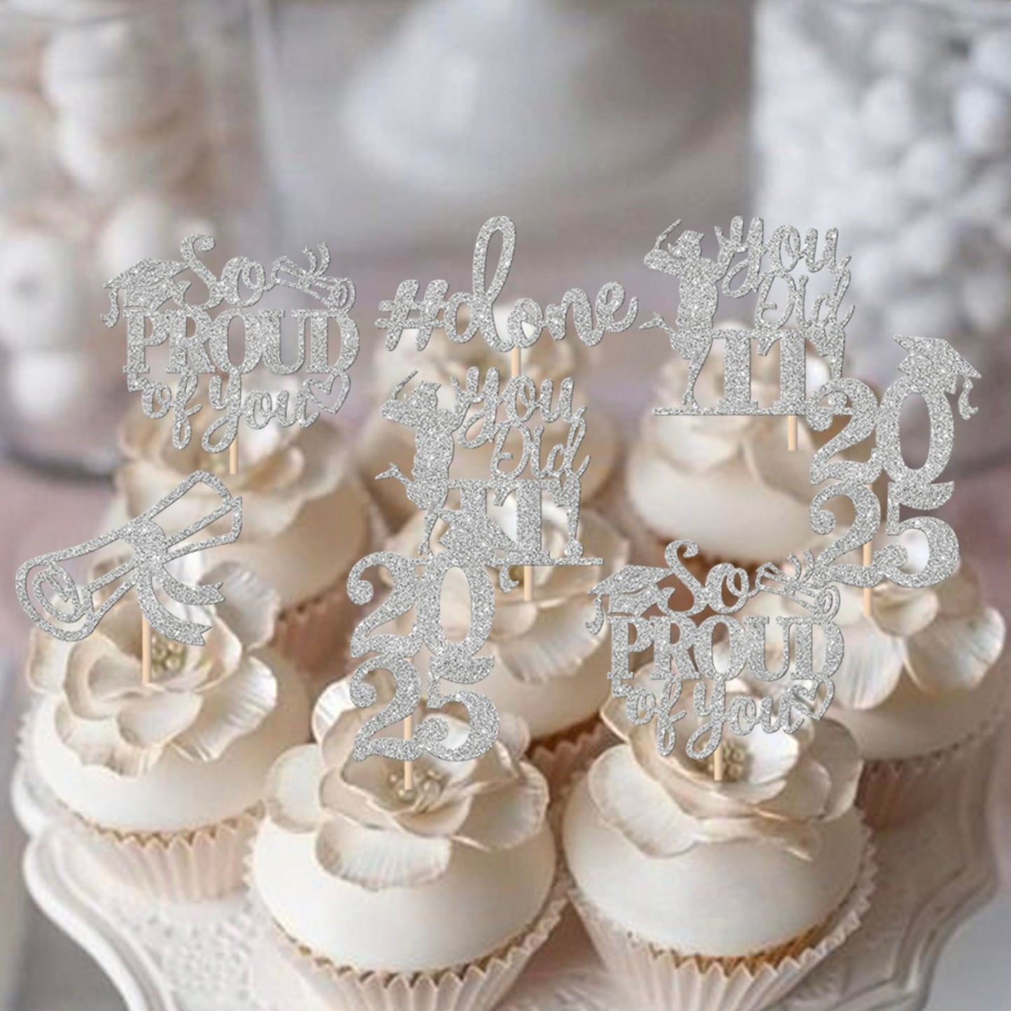 YCTHUNFISH Graduation Cupcake Toppers 24 Pack Glitter Grad Cap Picks Small Silver