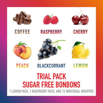 Swiss Imports Sugar Free Bonbons Hard Candy Drops Trial Pack Of Cherry, Coffee, Lemon, Peach, Blackcurrant, And Raspberry, 2 1.4