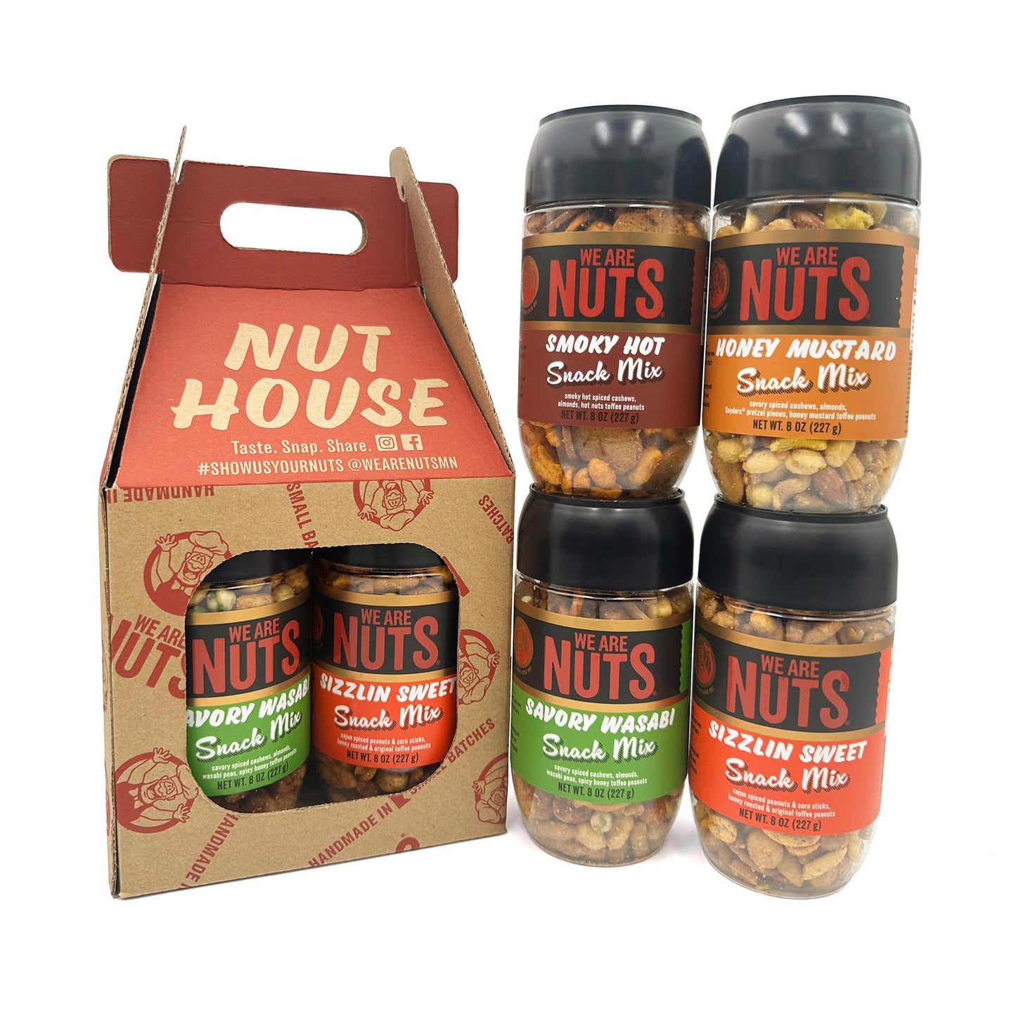 We Are Nuts Specialty Snack & Trail Mix - Nut House Variety Pack: Smoky Hot Honey Mustard Savory Wasabi Sizzlin Sweet - 4-Pack On The Go Jars (32 Oz. Total)