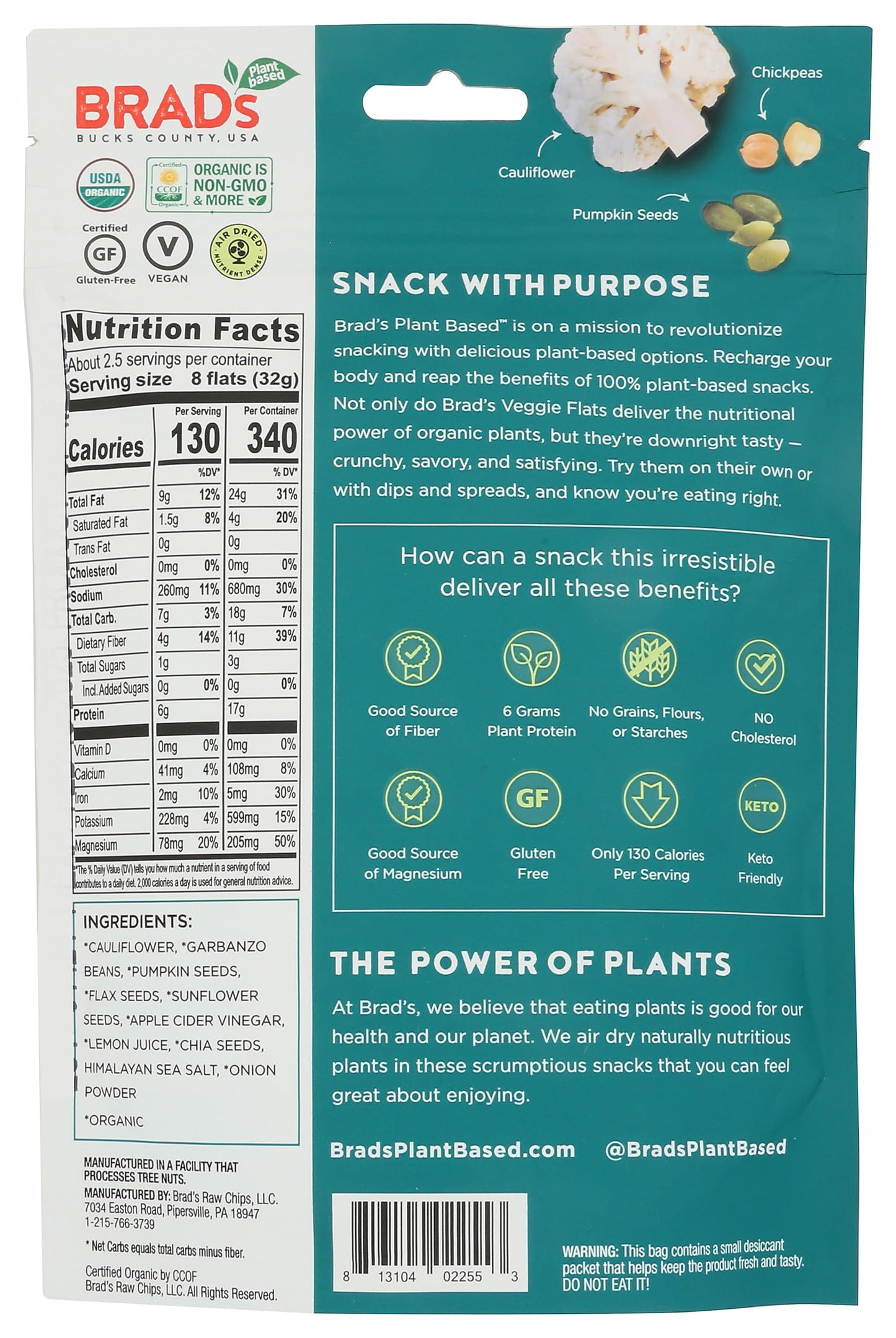 Brads Raw Organic Sea Salt Cauliflower Veggie Flats, 3 OZ