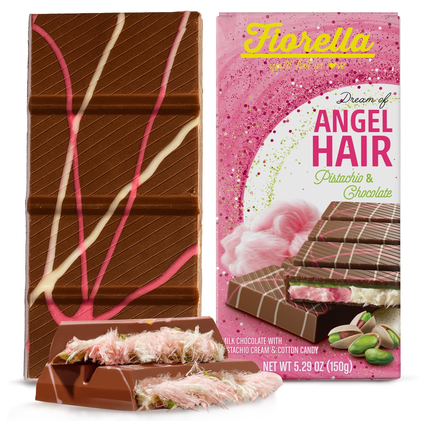 Fiorella Dubai Angel Hair Chocolate Bar 5.29 Oz Pink & White Cotton Candy Elegant Milk Chocolate With A Heavenly Pistachio Cream And Fluffy Cotton Candy Filling Unique Multi-Layered Sweet Experience