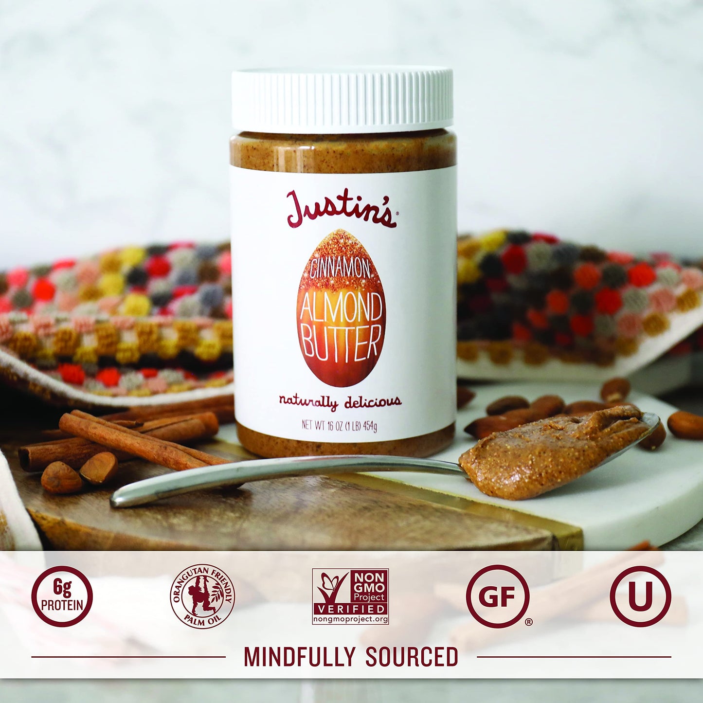 Justin's Cinnamon Almond Butter, No Stir, Gluten-Free, Non-GMO, 16 Ounce Jar - Responsibly Sourced Nut Butter