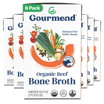 Organic Unsalted 16.9oz Beef Bone Broth from Gourmend Foods (6 Pack) - Just 10 Ingredients, Low FODMAP Certified, Filler Free, G
