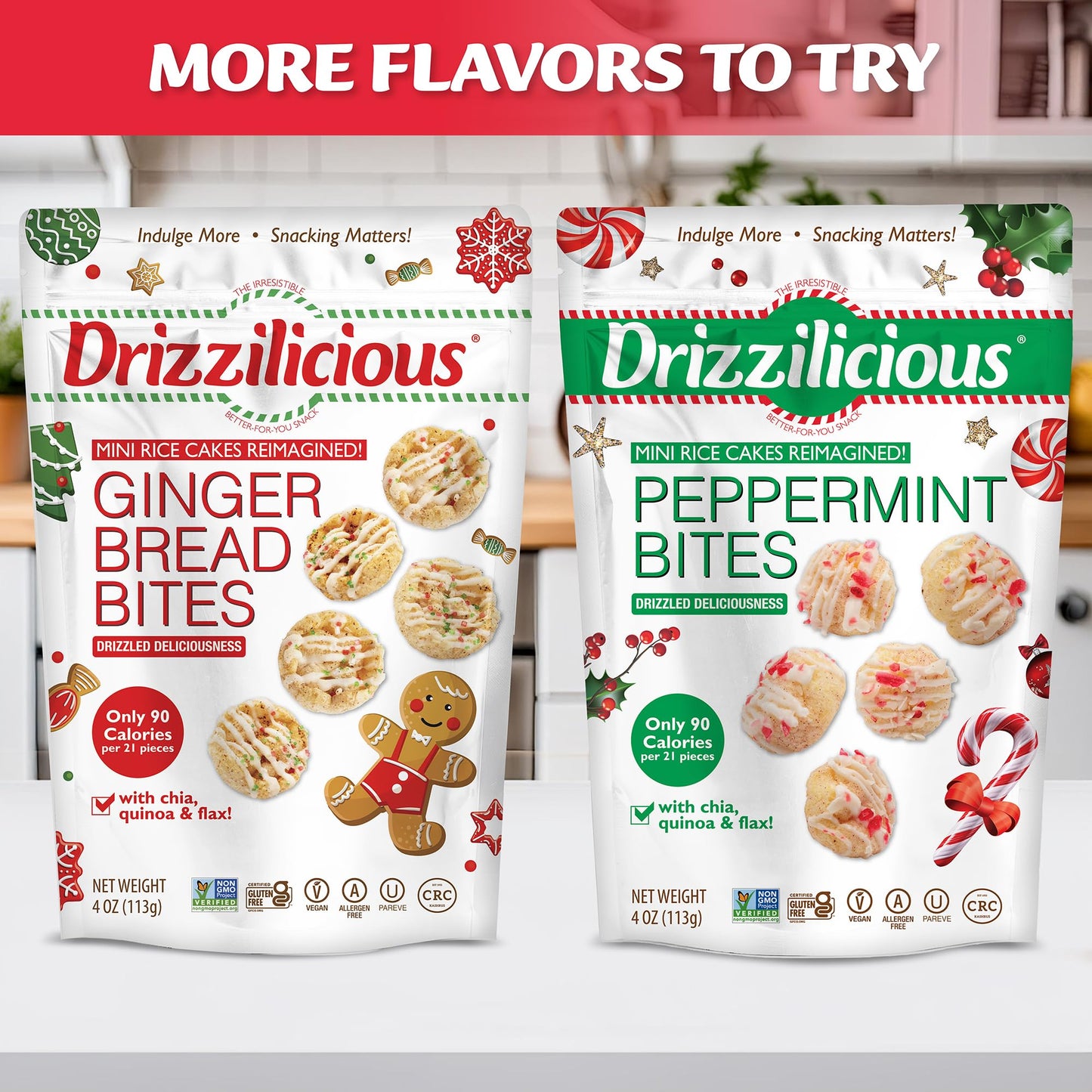 Drizzilicious Mini Rice Cakes - Rice Crisps, Healthy Snack For Mature-Themeds And Kids, Flavored Rice Cakes, Vegan, Gluten Free, Only 90 Calories Per Serving - Gingerbread, 4 Oz (Pack Of 2)