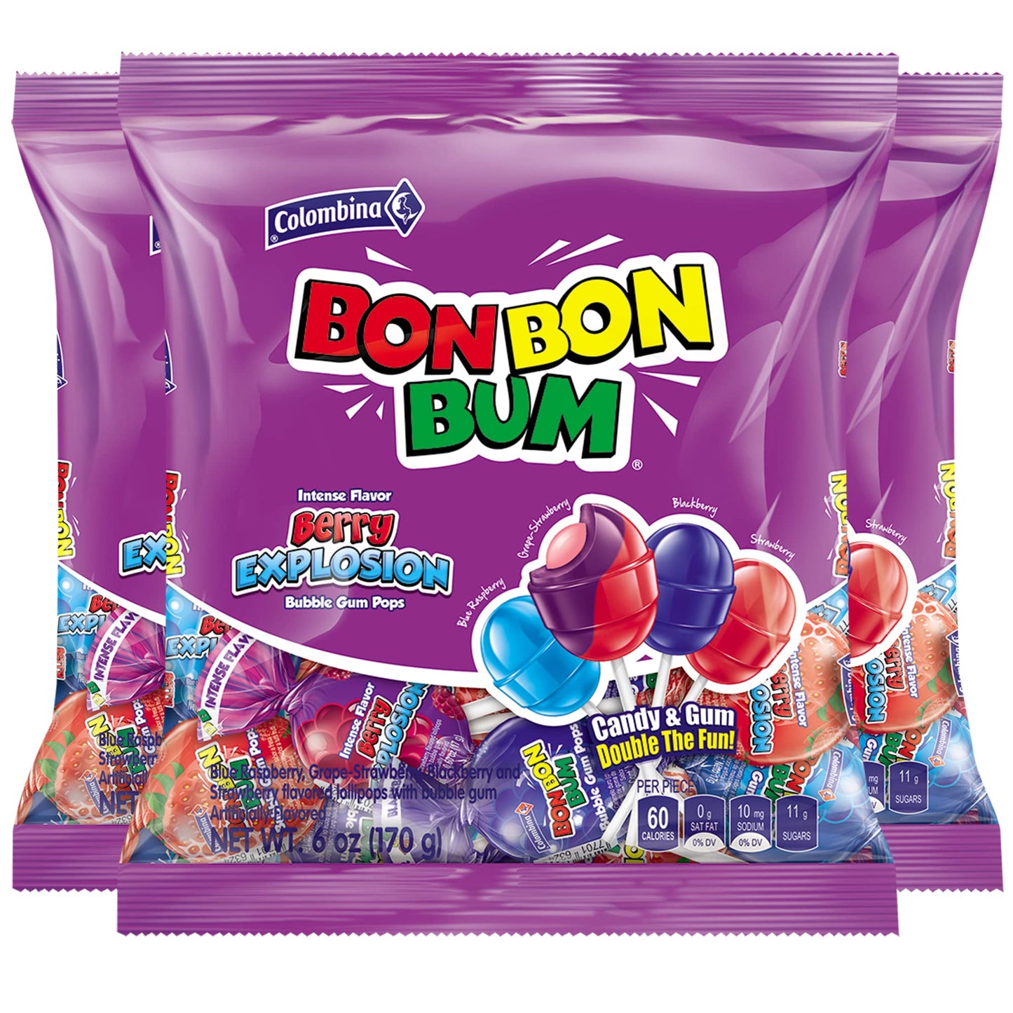 Colombina Bon Bon Bum Lollipops W/Bubble Gum Center, Berry Explosion Mix, Individually Wrapped, Ideal For Party Favors And Gifts, 3 Pack (30 Count)