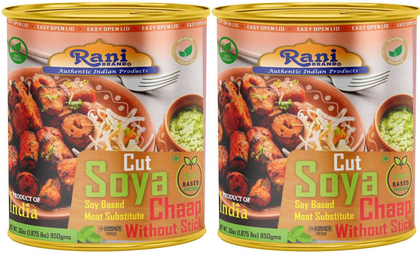 Rani Cut Soya Chaap Whitout Stick (Plant Based Protein) 30oz (1.875lbs) 850g, Pack of 2 ~ Easy Open Lid | All Natural | Vegan |