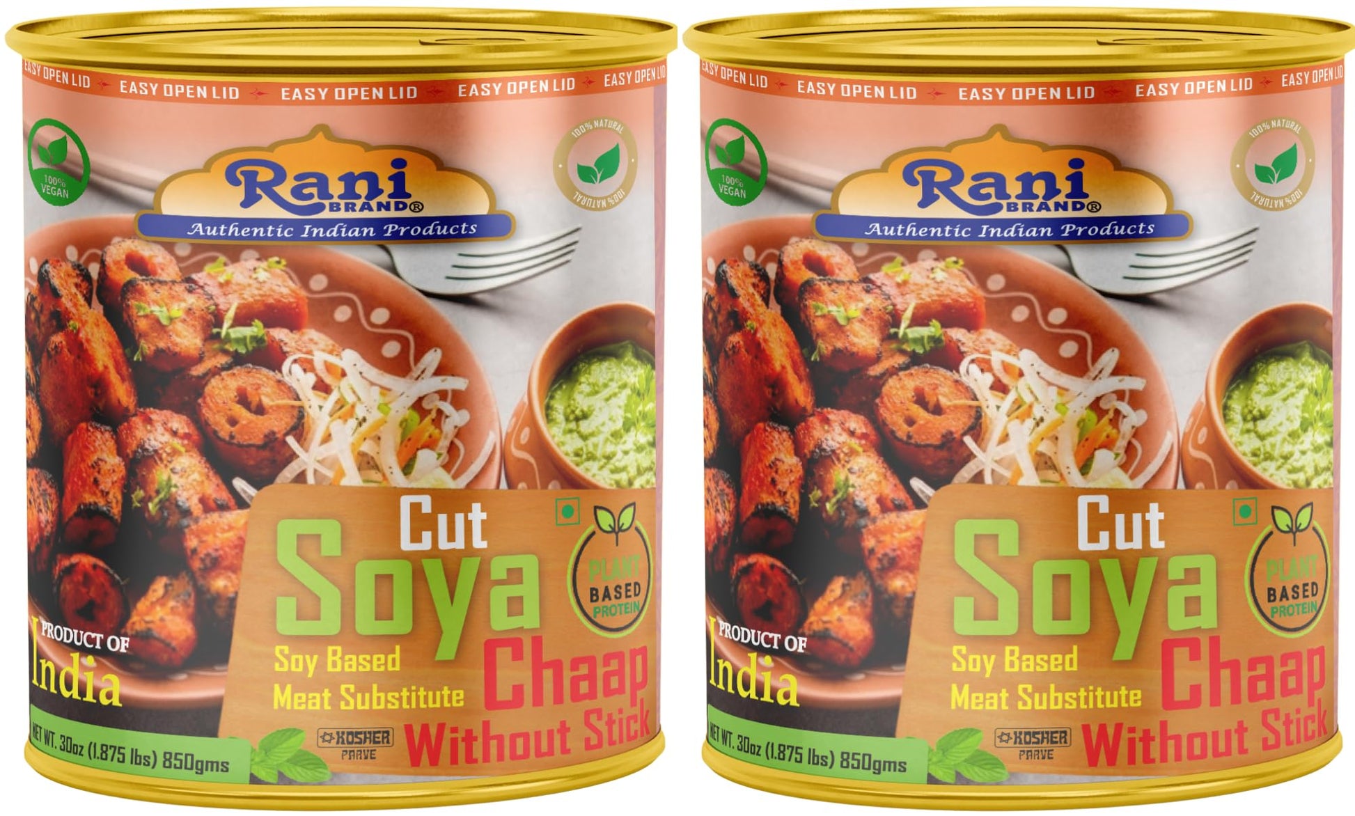 Rani Cut Soya Chaap Whitout Stick (Plant Based Protein) 30oz (1.875lbs) 850g, Pack of 2 ~ Easy Open Lid | All Natural | Vegan |