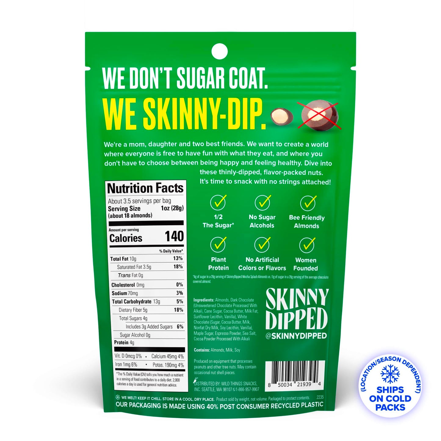 SkinnyDipped Mocha Splash Almonds, Healthy Snack, Plant Protein, Gluten Free, 3.5 oz Resealable Bags, Pack of 5