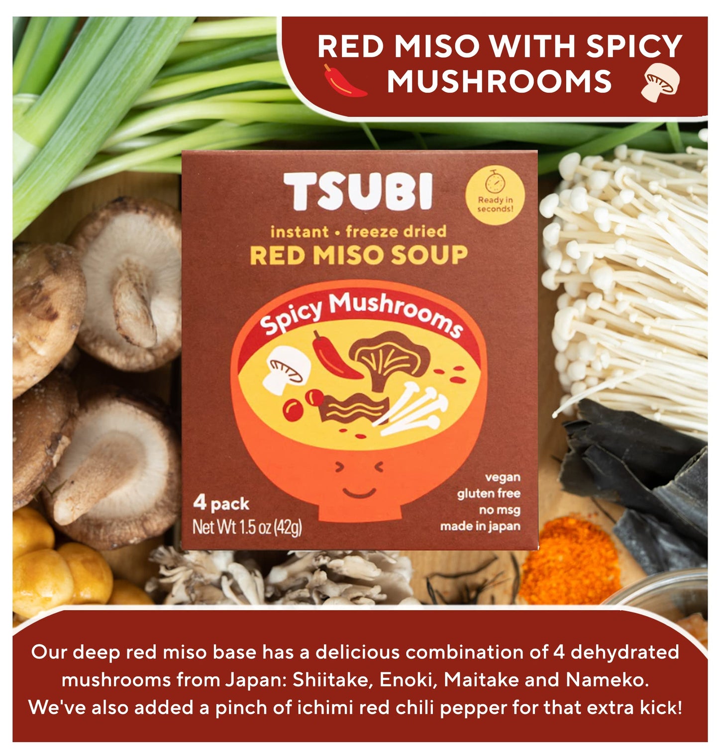Tsubi Soup Freeze-Dried Miso Soup Packets - Vegan, Gluten-Free, Spicy Mushroom - 12 Pack