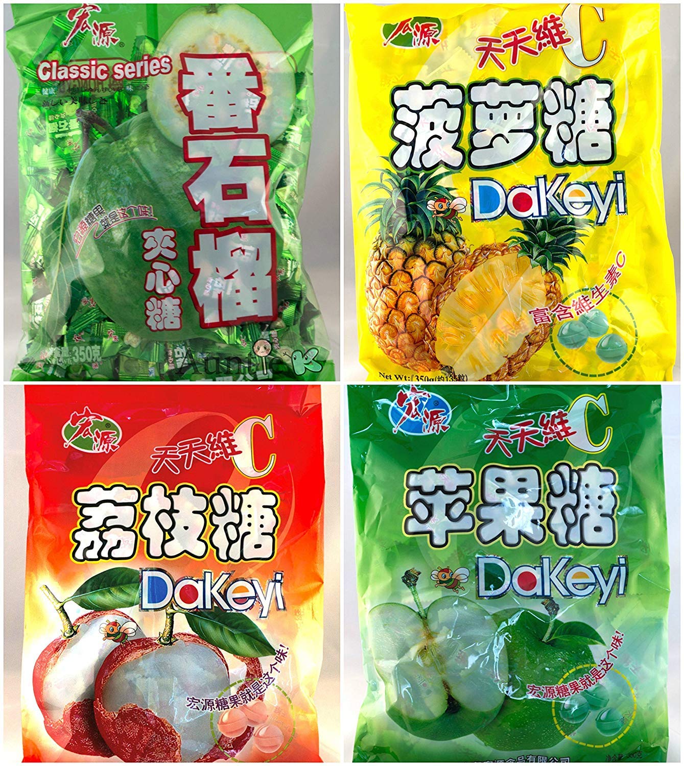 Hong Yuan Pineapple Guava Green Apple Lychee Candy 4 Pack, 12.3 oz with FREE Candy Samples - Delicious Fruit Flavors