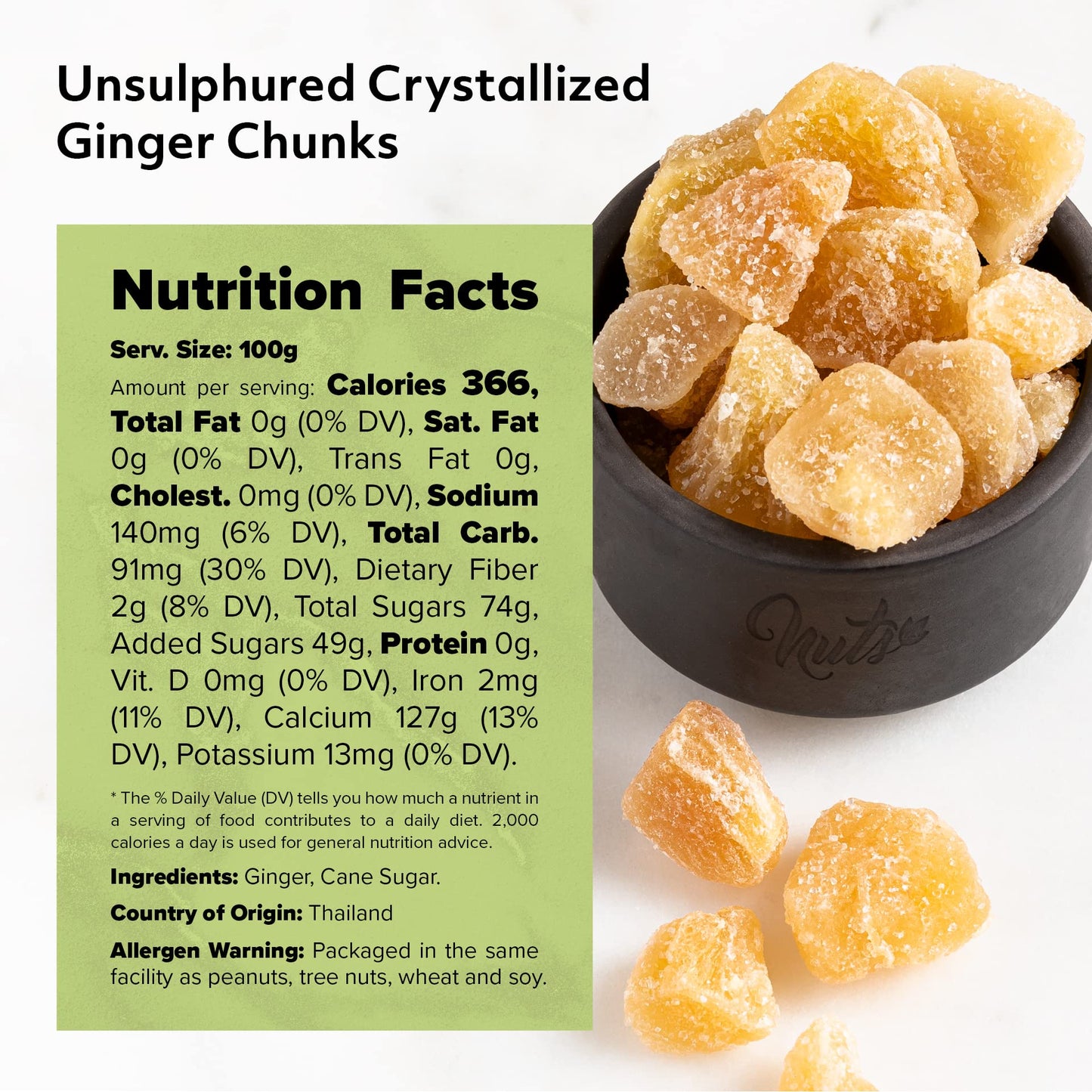 NUTS U.S. Unsulphured Crystallized Ginger Chunks, 2 lbs, No Artificial Colors, Dried Ginger in Resealable Bag