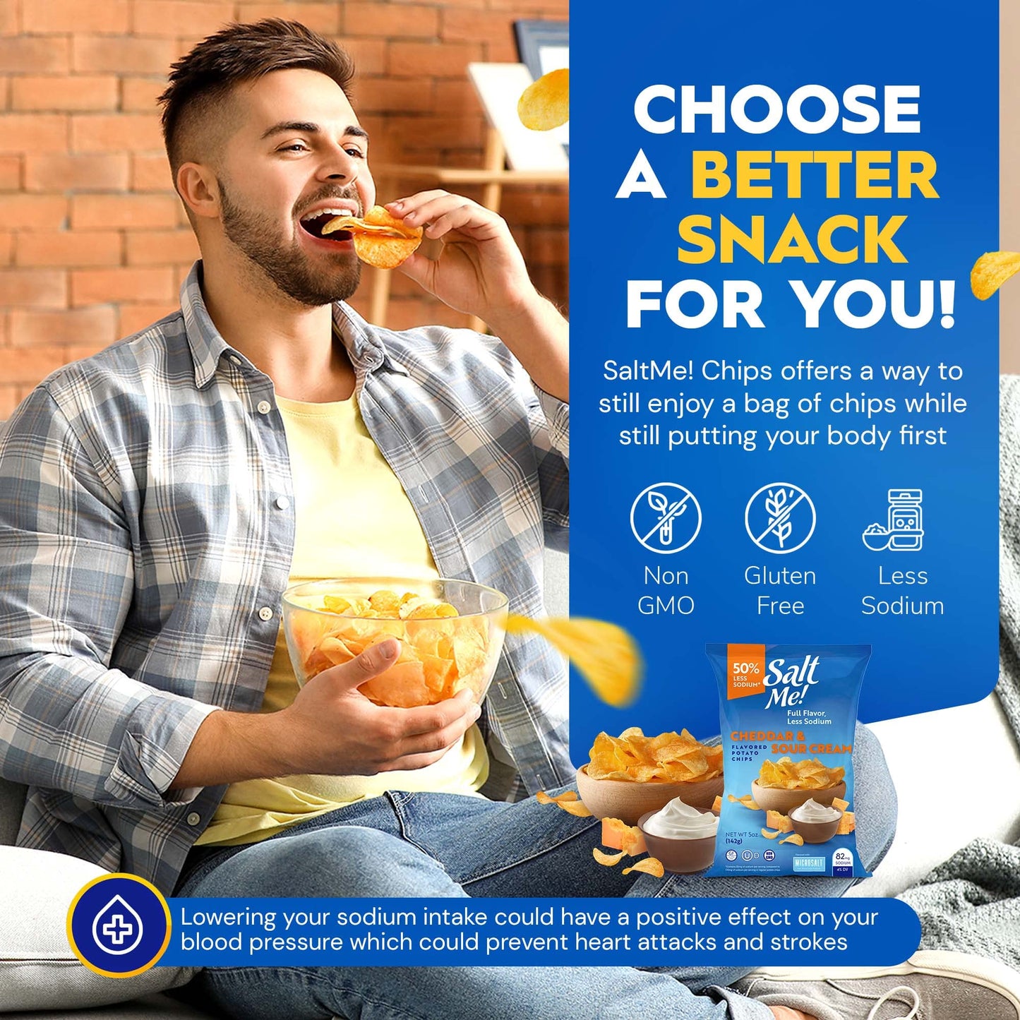 SaltMe! Cheddar & Sour Cream Potato Chips, 50% Low Salt, Kosher, Non-GMO, Better for You Chips, Flavorful, 5 Ounces, Pack of 6