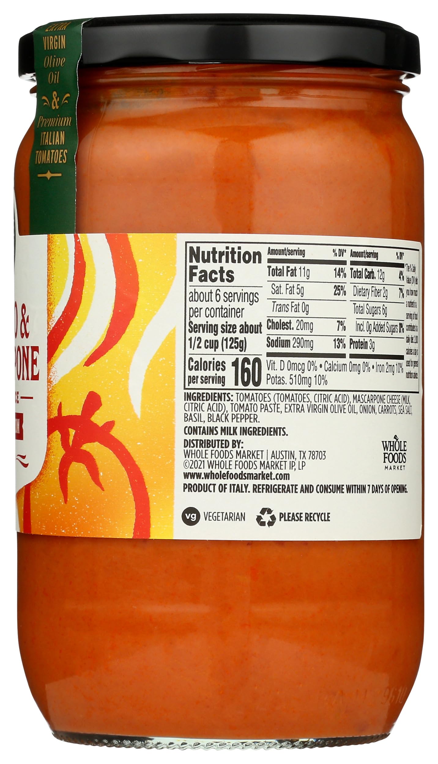 Whole Foods Market Tomato & Mascarpone Pasta Sauce, 24.3 oz - Rich Flavor, Perfect for Pasta Dishes, 1 Pound Pack