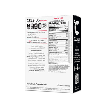 CELSIUS On-the-Go Powder Sticks Peach Vibe, Essential Energy 2.6 Oz (14 Sticks per Pack)