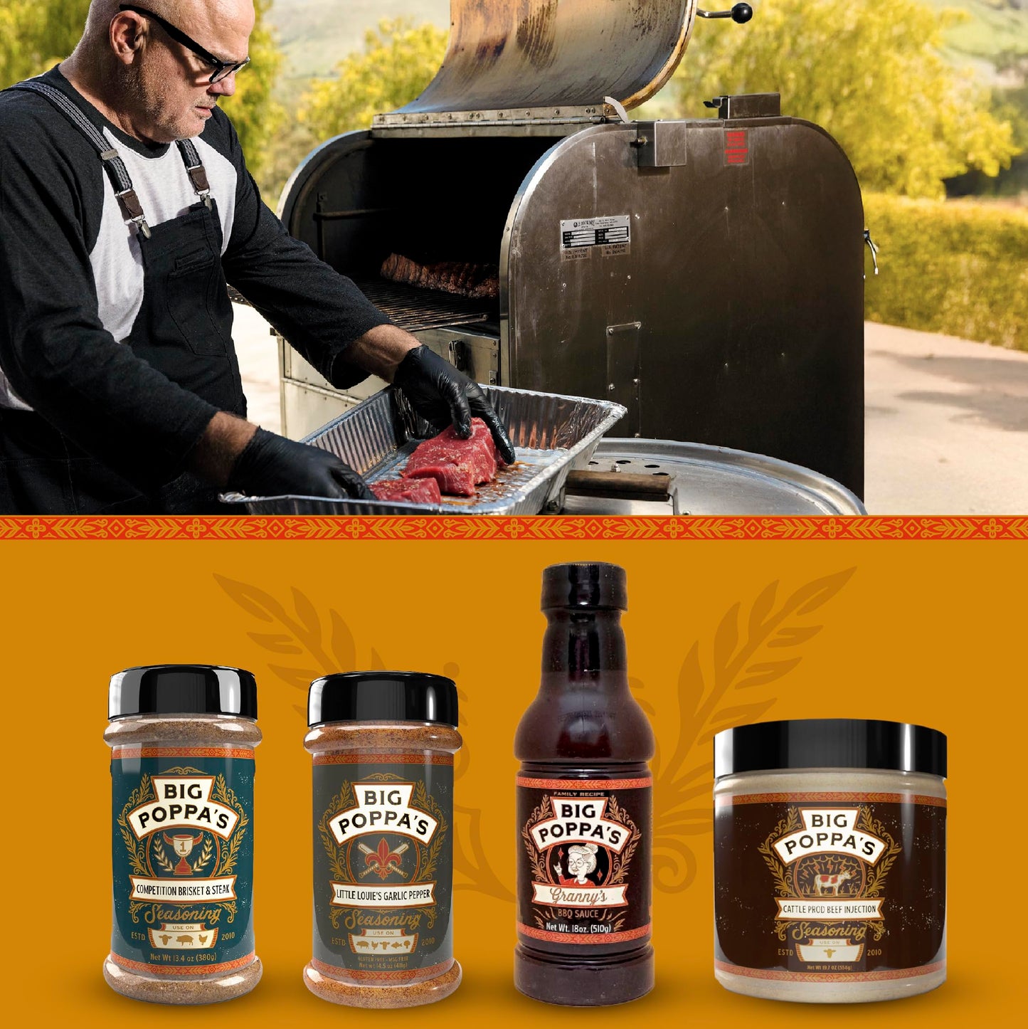 Big Poppa Smokers BBQ Seasoning Kit - Brisket & Steak Seasoning, Beef Injection, Garlic & Pepper Mix, Grannys BBQ Sauce - 4-Pack