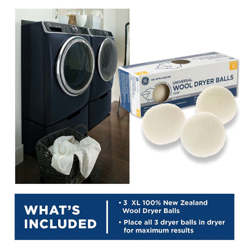 Ge Appliances Wool Dryer Balls, Xl 3 Inch Reusable Natural Fabric Softener Made Of 100% Pure New Zealand Wool, Set Of 3