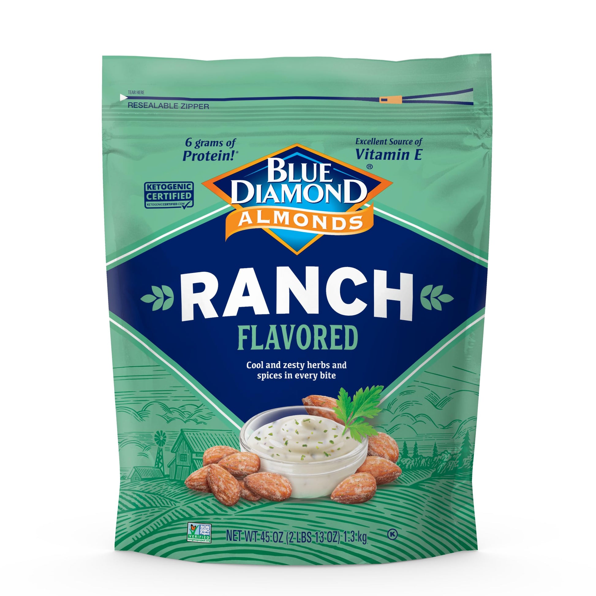 Blue Diamond Almonds, Ranch Flavored Value Bag Snack Nuts Perfect for Bulk Pantry Staples and Keto Friendly Snacking 45 Oz Resea