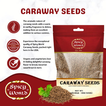 Spicy World Caraway Seeds 1 Lb Bulk Bag (16Oz) | Premium Whole Caraway Seeds For Rye Bread, Sauerkraut & Cooking | Aromatic Gourmet Caraway Spice