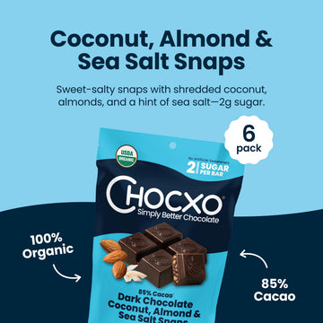 Chocxo Dark Chocolate Coconut Almond & Sea Salt Snaps - Low In Sugar, Organic 85% Cacao, Non-Gmo, Keto Certified, Gluten Free & Kosher. No Artificial Sweeteners Or Sugar S, 3.45 Oz (Pack Of 6)