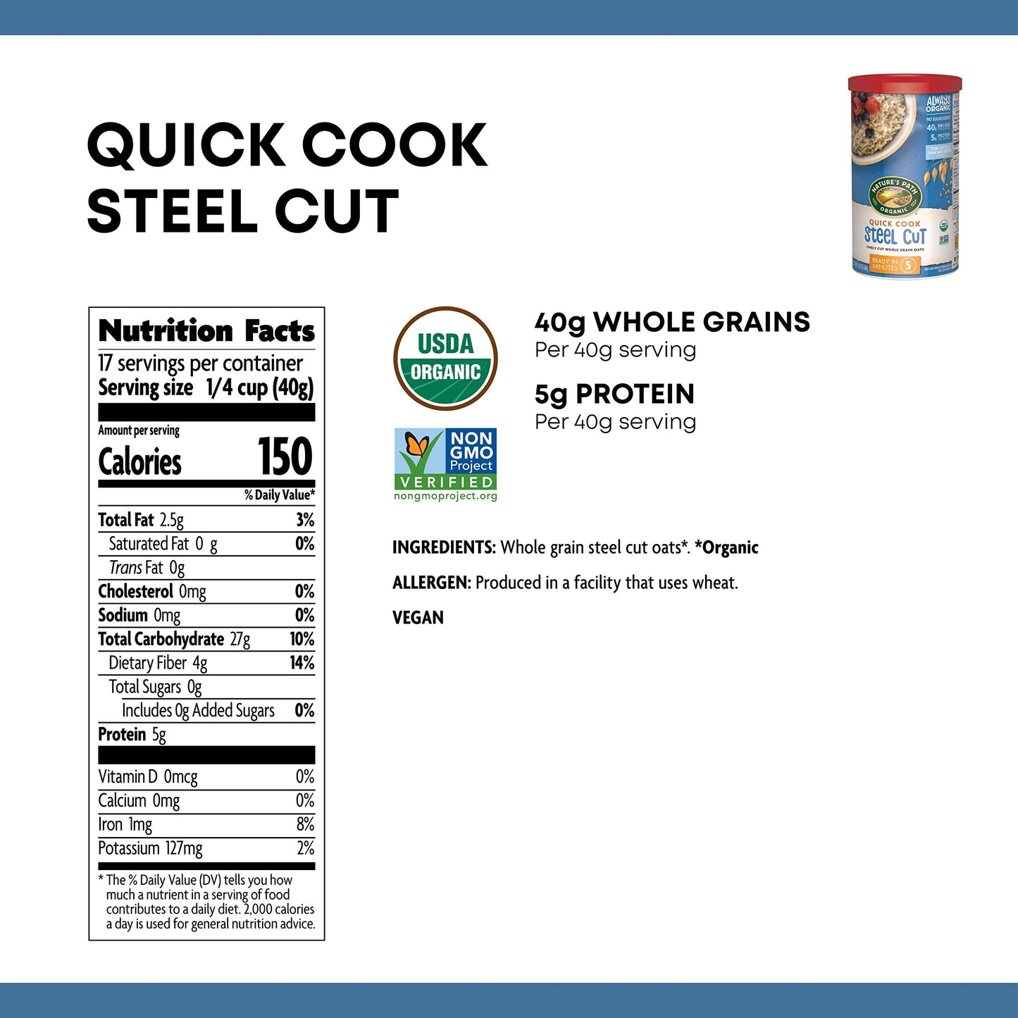 Nature s Path Organic Quick Cook Steel Cut Oatmeal, 24 oz (Pack of 6), Non-GMO
