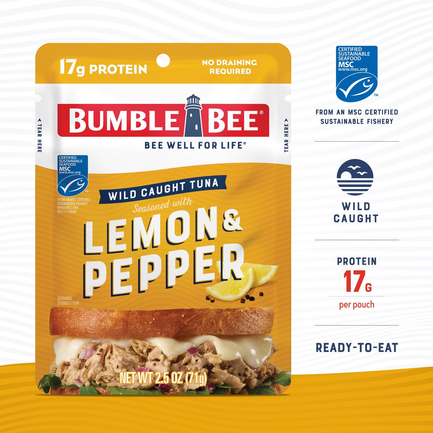 Bumble Bee Lemon & Pepper Seasoned Tuna, 2.5 oz Pouch - Ready to Eat - Wild Caught Tuna Packet - 17g Protein per Serving - Glute