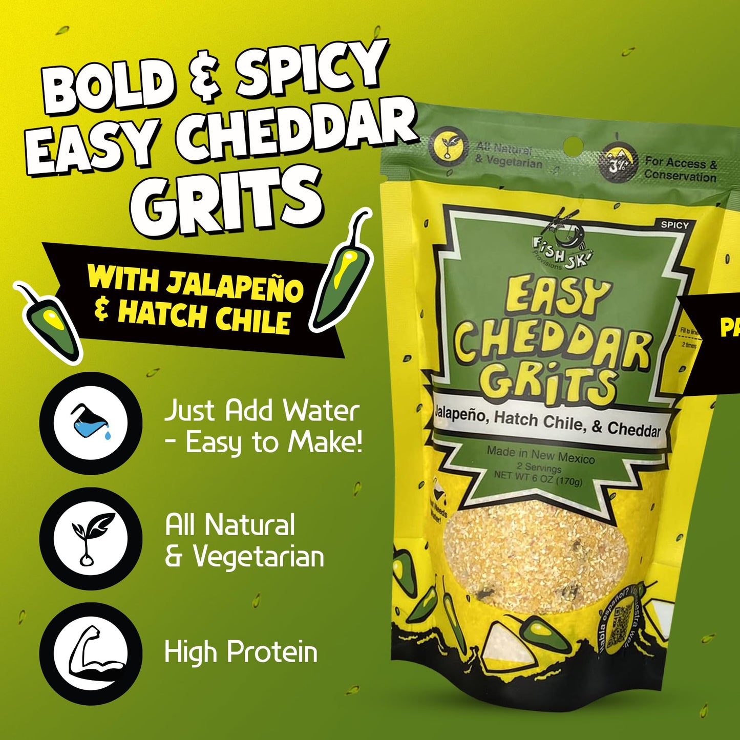 Jalapeno Yellow Corn Grits With Cheddar Cheese + Hatch Green Chile + Garlic, By Fishski Provisions, 6 Oz Bags, 6 Pack