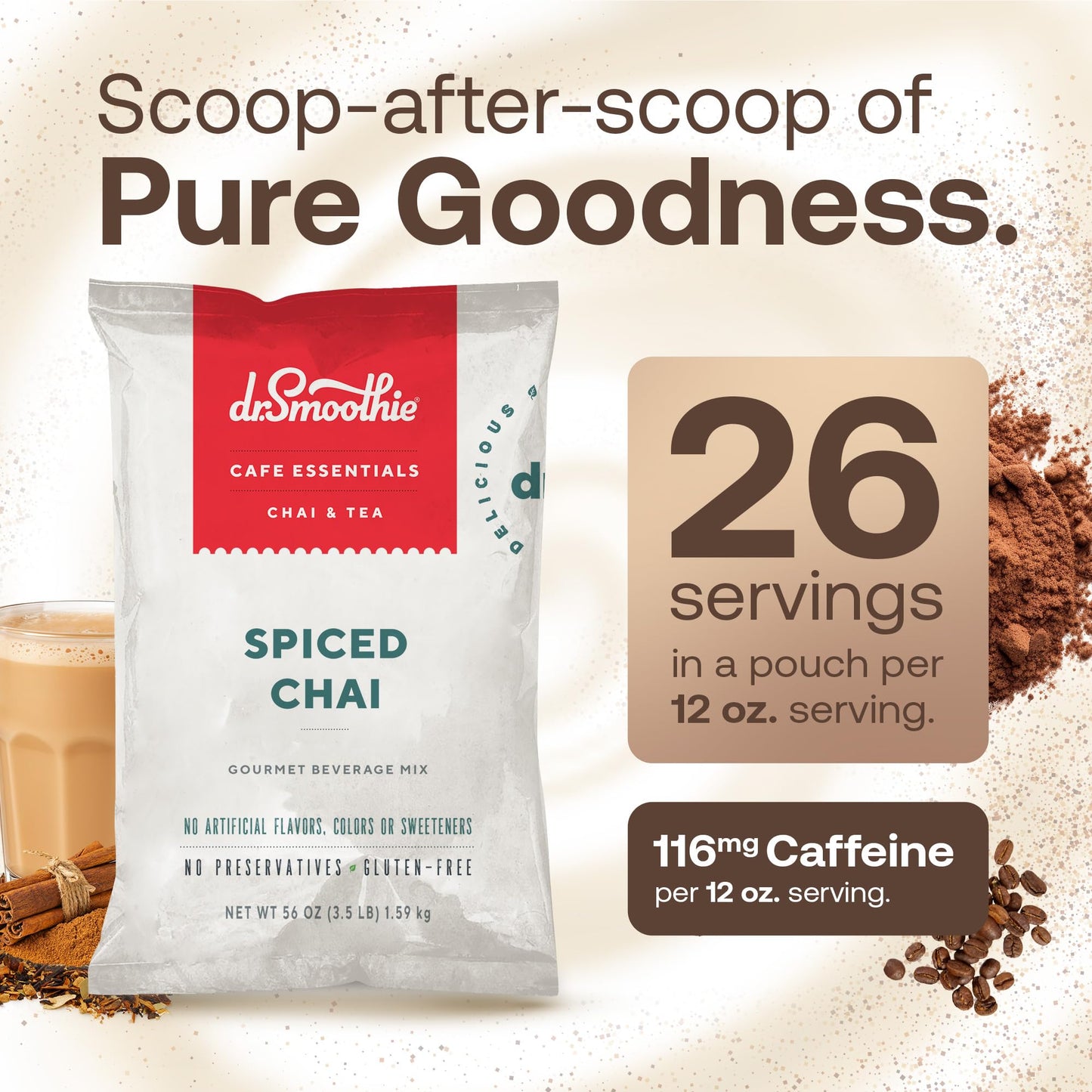 Dr. Smoothie Spiced Chai Beverage Mix – No Artificial Ingredients – 56 oz (3.5 lb) – 26 Servings