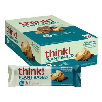 think! Vegan/Plant Based High Protein Bars - Peanut Butter Chocolate Chip, 13g Protein, 5g Sugar, No Artificial Sweeteners, Non