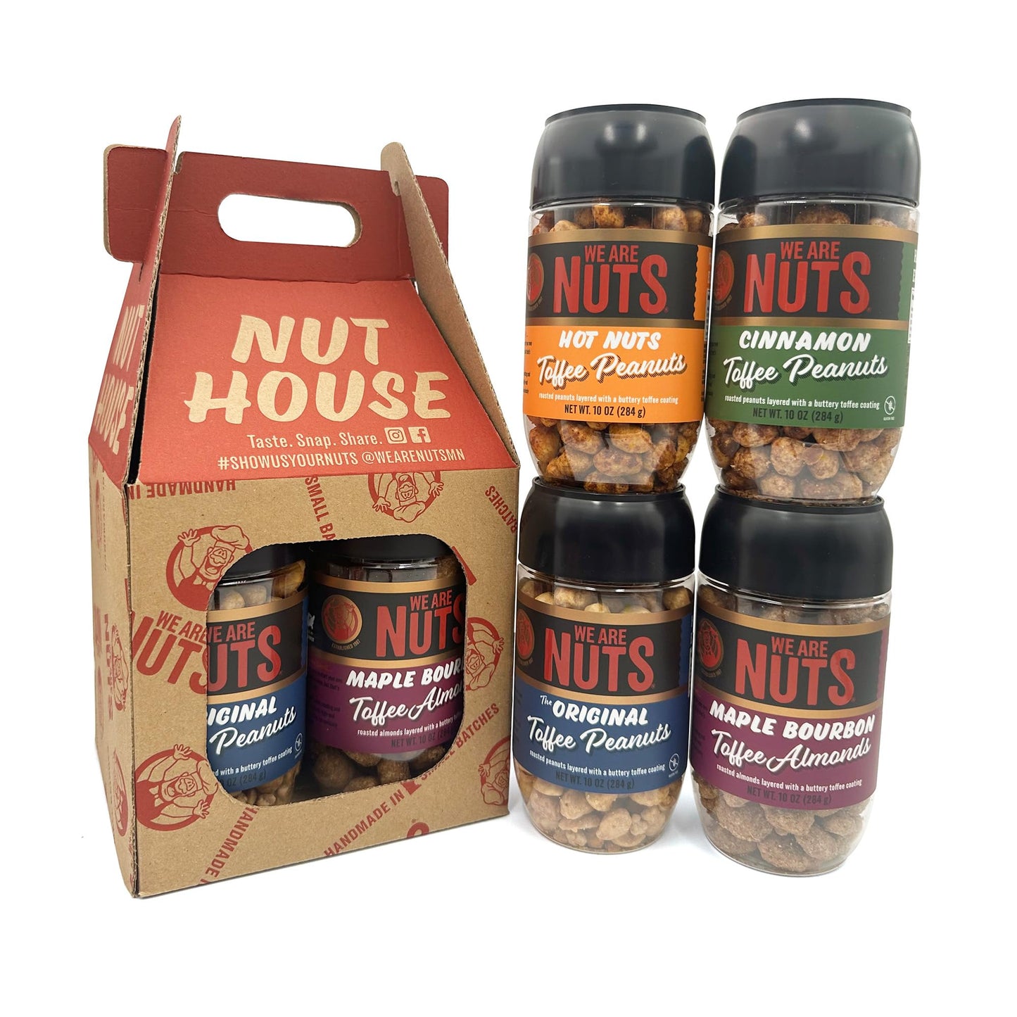 We Are Nuts Toffee Coated Nuts - Nut House Variety Pack: The Oriflavor Blendal Hot Nuts Cinnamon Maple Flavor Blend - 4-Pack On The Go Jars (40 Oz. Total)
