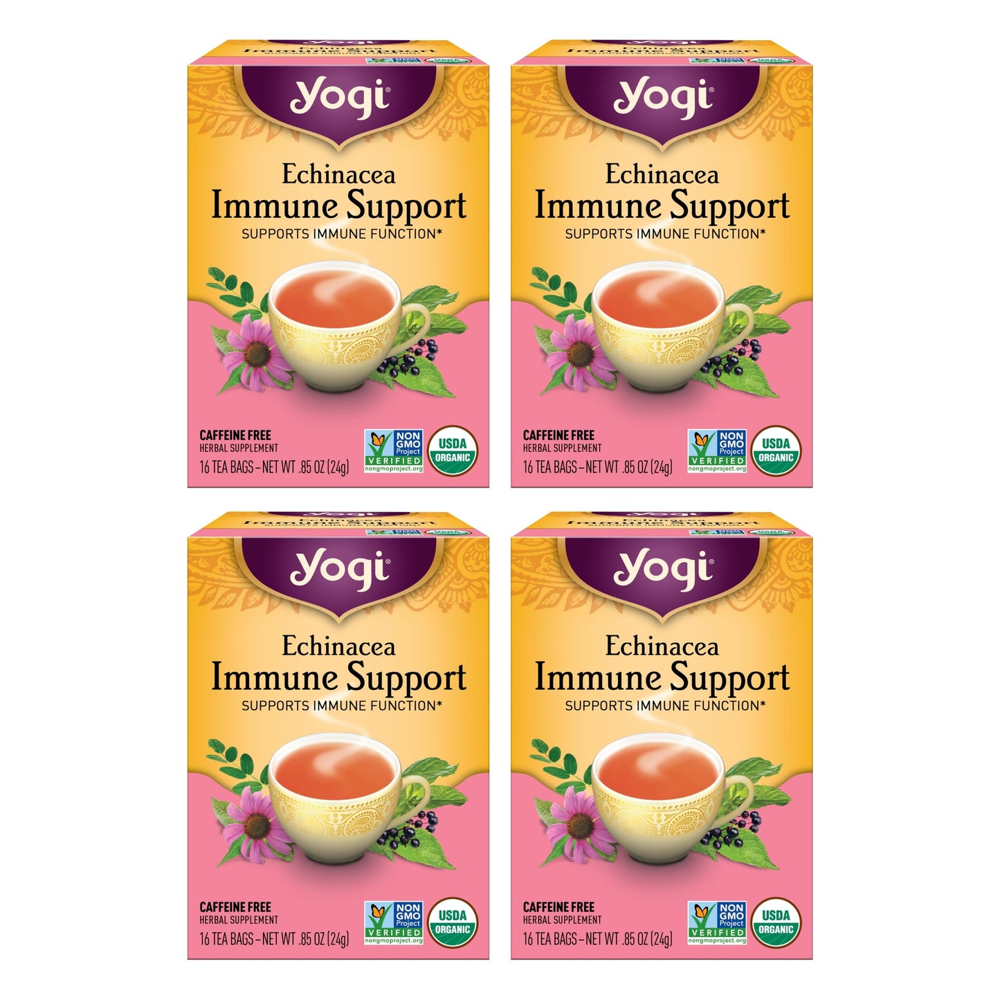 Yogi Tea Echinacea Immune Support Tea - 16 Tea Bags Per Pack (4 Packs) - Organic Immunity Support Tea - Includes Peppermint Leaf