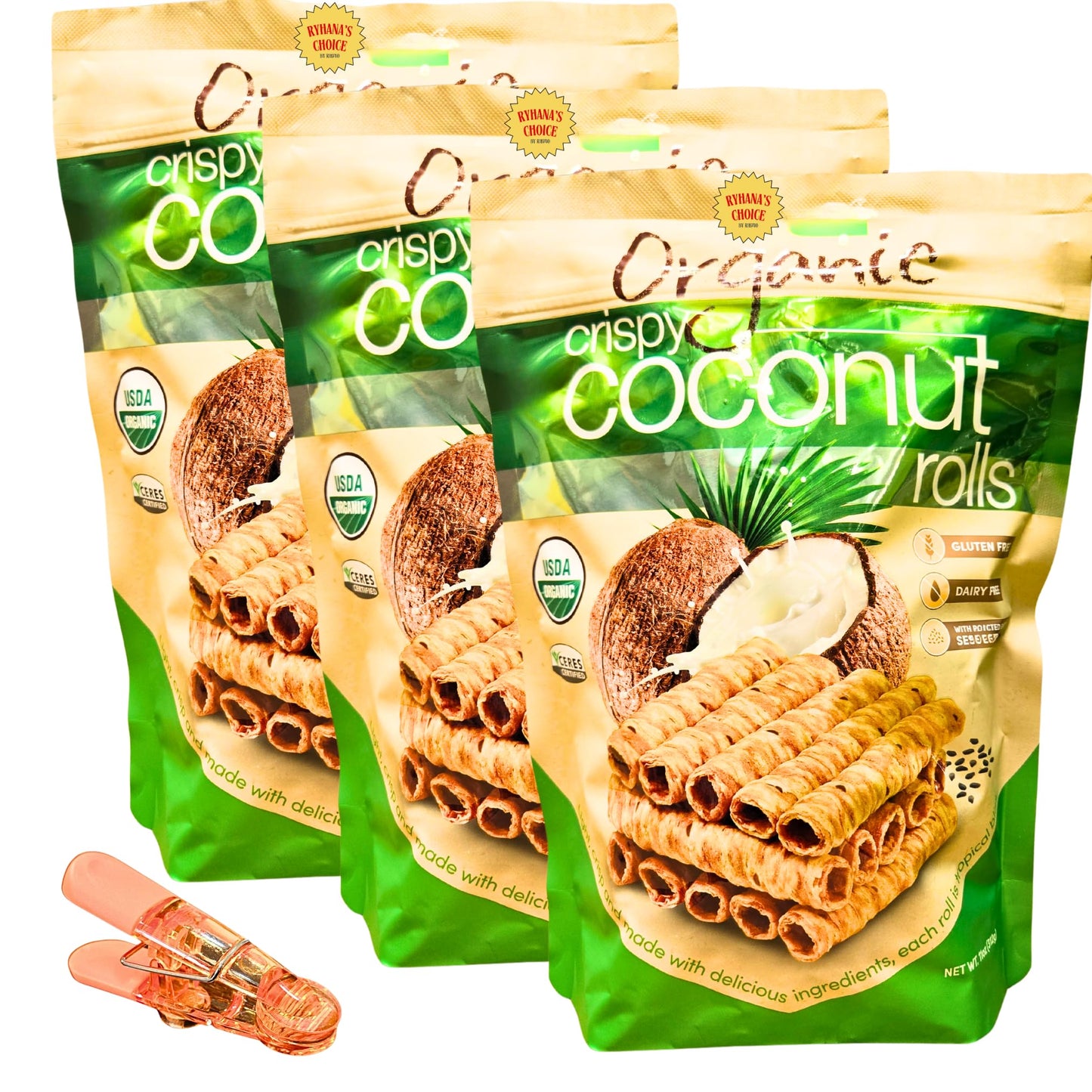 Organic Crispy Coconut Rolls, USDA Certified, Gluten Free, Dairy Free, 11 oz pack, 3 Pack Comes with a bonus bag sealer clip to