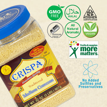 Crispa Premium Quality Traditional Medium Couscous - 32 Oz (2Lb), All Natural Durum Wheat Semolina, Low In Fat Having No Cholest