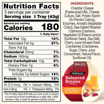 Sargento Balanced Breaks Natural Sharp Cheddar Cheese, Sea-Salted Roasted Cashews and Cherry Juice-Infused Dried Cranberries Sna
