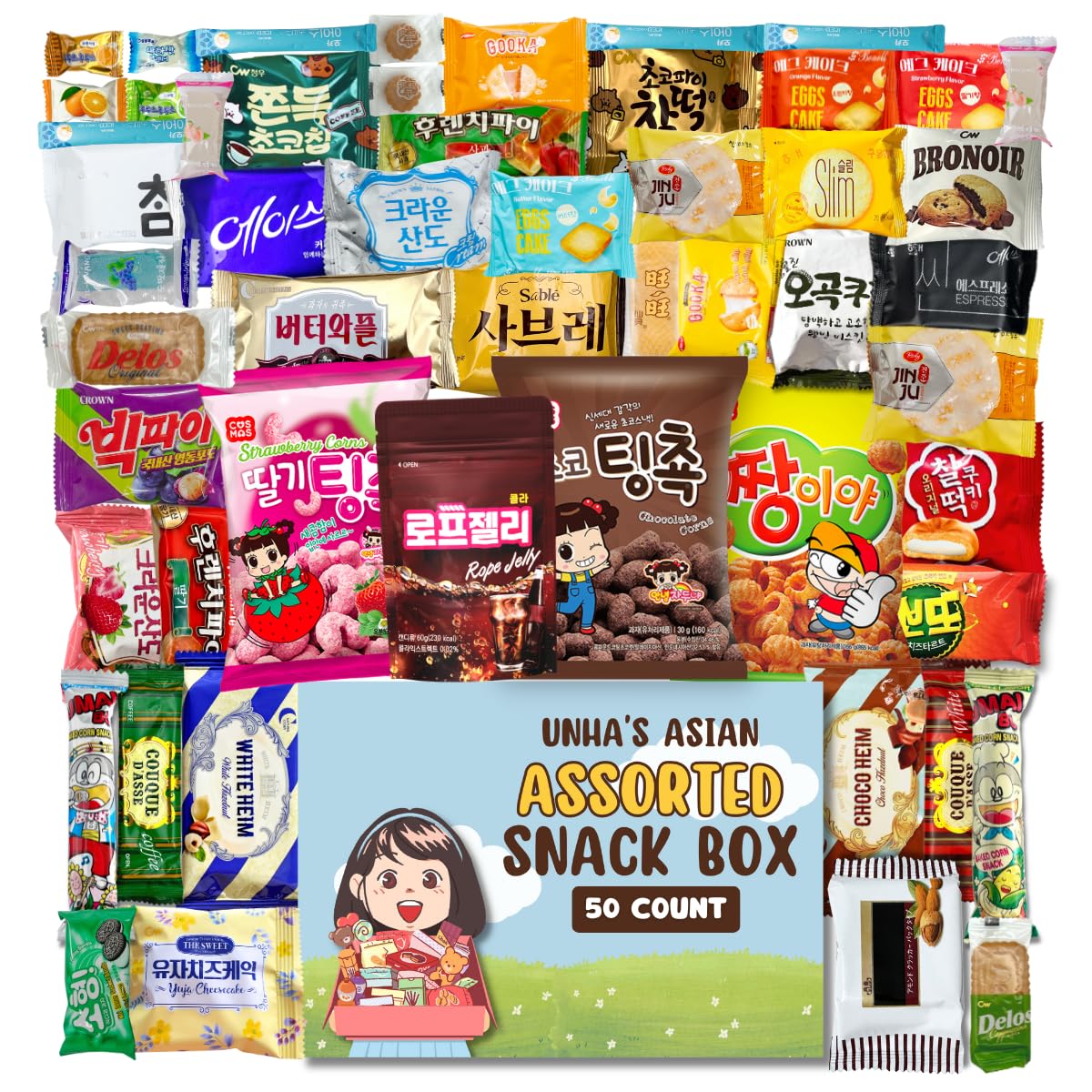 UNHAS Korean and Japanese Snack Box – 50 Count Variety Pack of Individually Wrapped Snacks, Candy, Chips, Cookies for All Ages