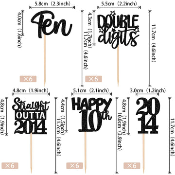 30Pcs Black 10Th Birthday Cupcake Toppers Glitter Ten Happy 10Th Straight Outta 2014 Cupcake Picks For Cheers To 10 Years 10Th B