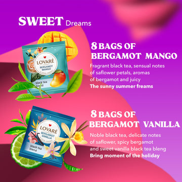 Lovare Bergamot Assorted Tea Variety Pack 32 Pack, 4 Tastes - Made In Ukraine - Black Tea Bags Individually Wrapped - Assorted T