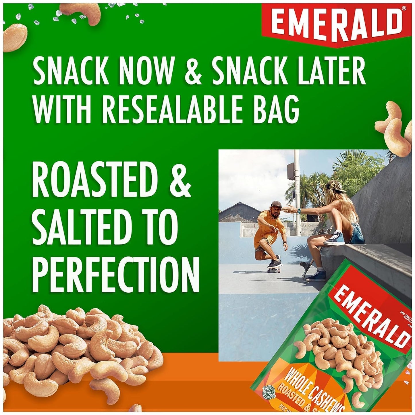 Emerald Nuts, Whole Cashews Roasted & Salted, 5 Oz Resealable Bag (Pack Of 3)
